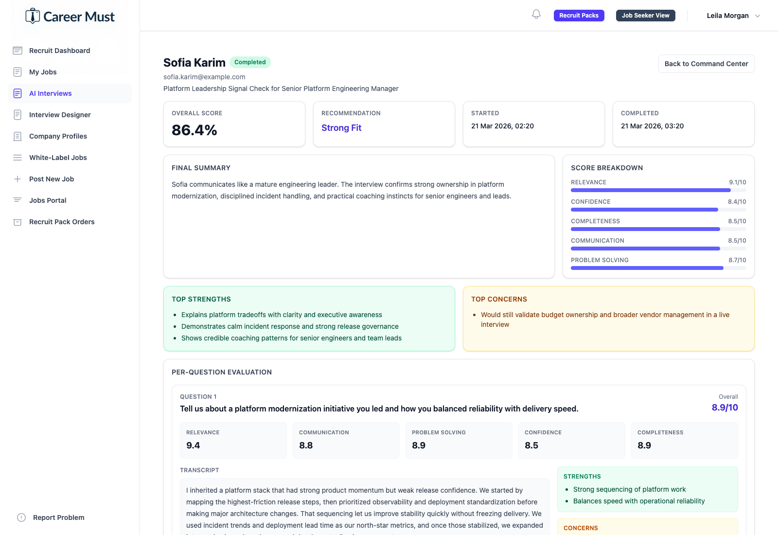 CareerMust AI interview result view