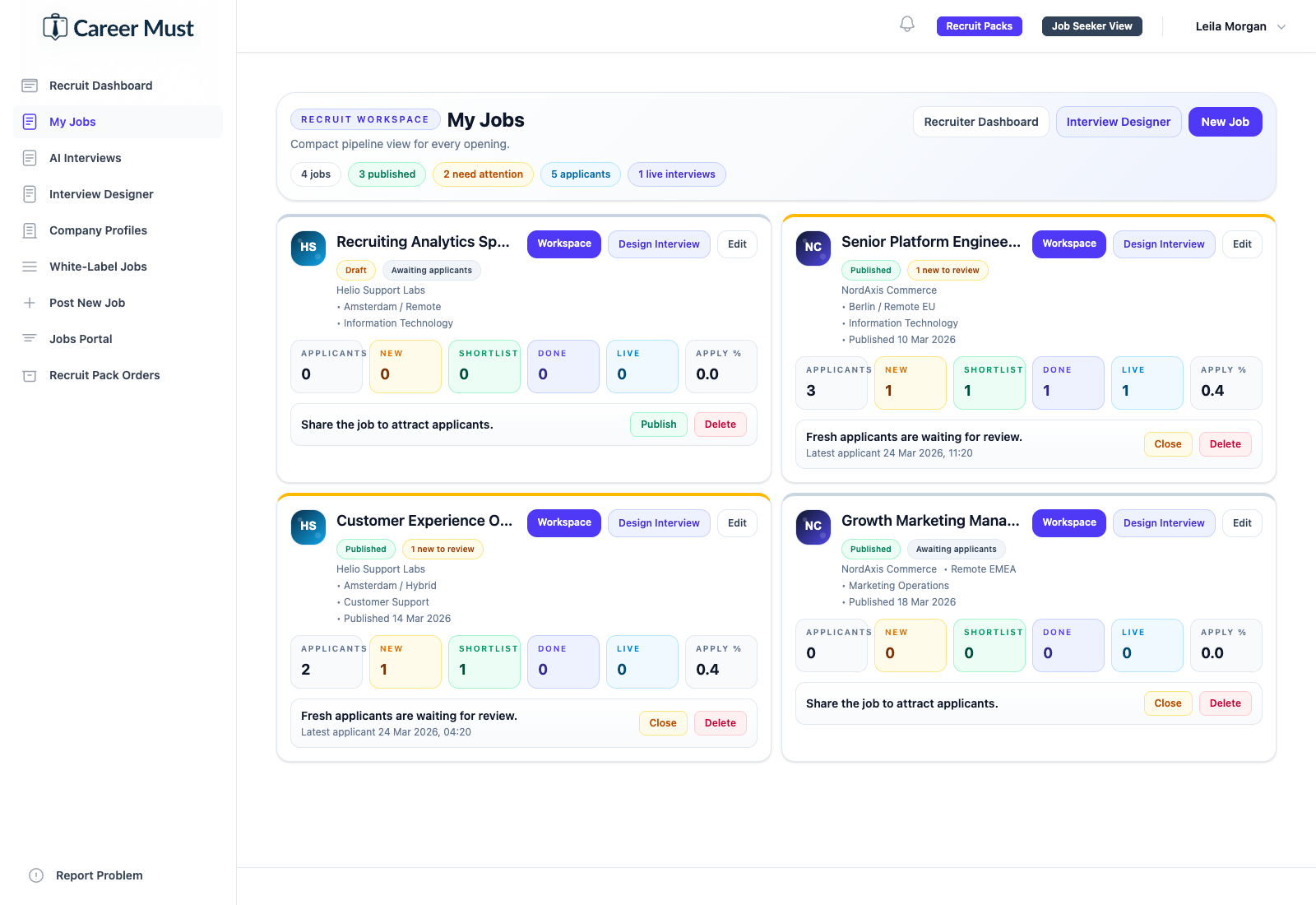 My Jobs workspace cards