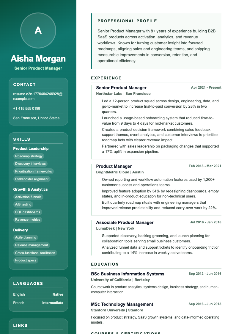 Green Blend resume template preview