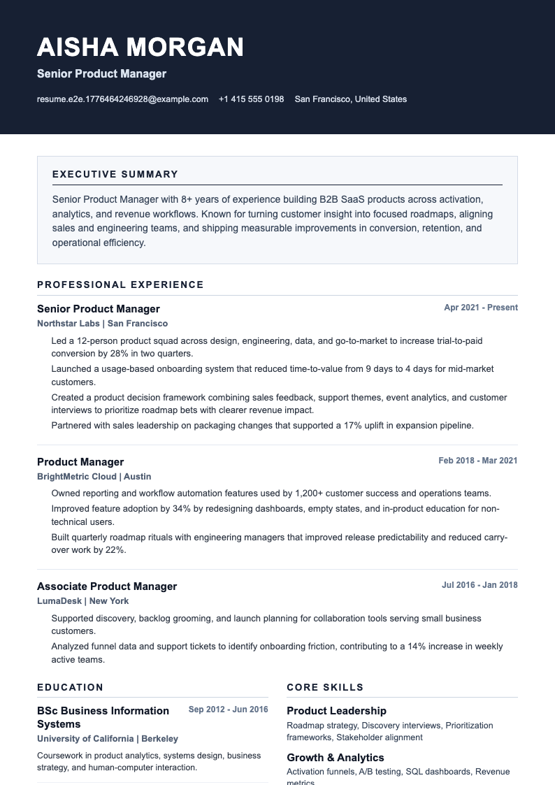 Executive Header Band resume template preview