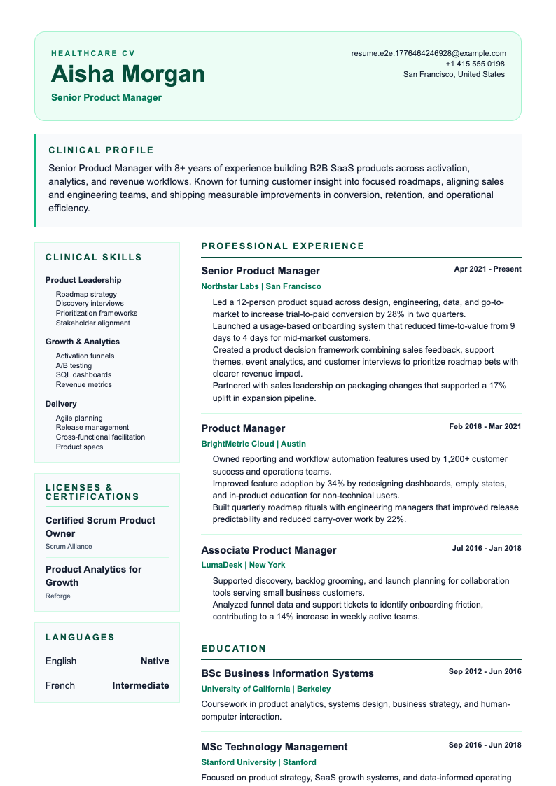 Healthcare Clinical resume template preview